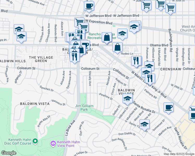 map of restaurants, bars, coffee shops, grocery stores, and more near 4908 August Street in Los Angeles