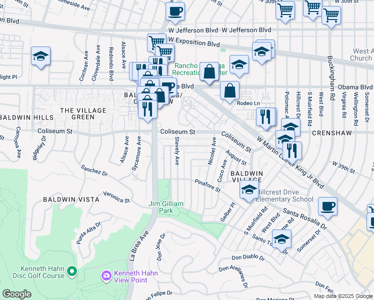 map of restaurants, bars, coffee shops, grocery stores, and more near 4908 August Street in Los Angeles