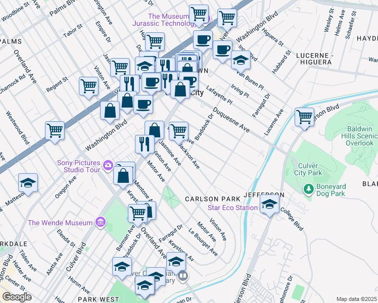 map of restaurants, bars, coffee shops, grocery stores, and more near 4082 Jackson Avenue in Culver City