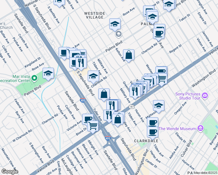 map of restaurants, bars, coffee shops, grocery stores, and more near 3641 Tilden Avenue in Los Angeles