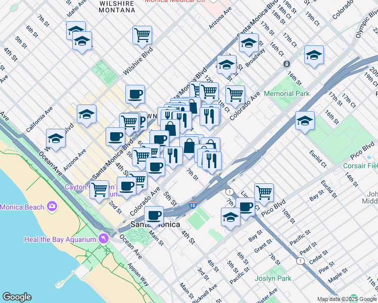 map of restaurants, bars, coffee shops, grocery stores, and more near in Santa Monica