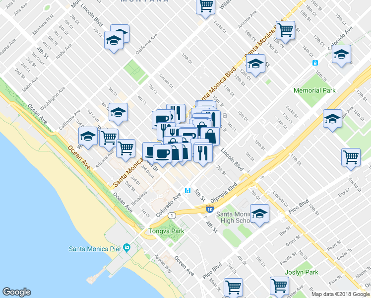 map of restaurants, bars, coffee shops, grocery stores, and more near 626 Broadway in Santa Monica