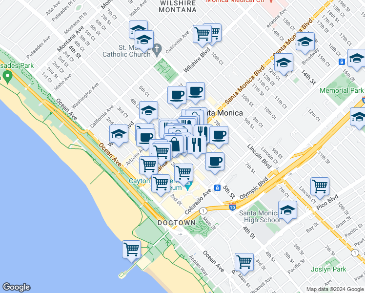 map of restaurants, bars, coffee shops, grocery stores, and more near in Santa Monica
