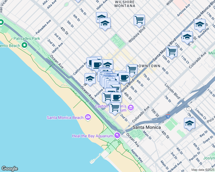 map of restaurants, bars, coffee shops, grocery stores, and more near 230 Arizona Avenue in Santa Monica