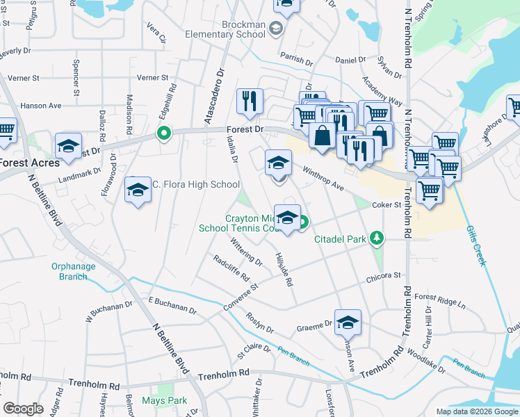 map of restaurants, bars, coffee shops, grocery stores, and more near 1327 Idalia Drive in Columbia