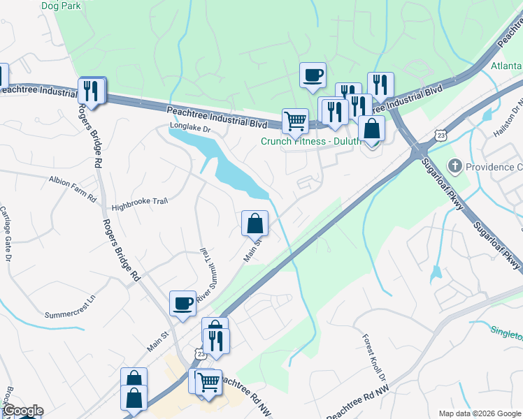 map of restaurants, bars, coffee shops, grocery stores, and more near 2515 Kingsbrooke Lane in Duluth