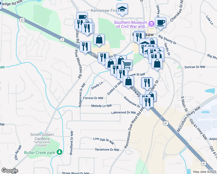 map of restaurants, bars, coffee shops, grocery stores, and more near 3000 Kennesaw Drive in Kennesaw