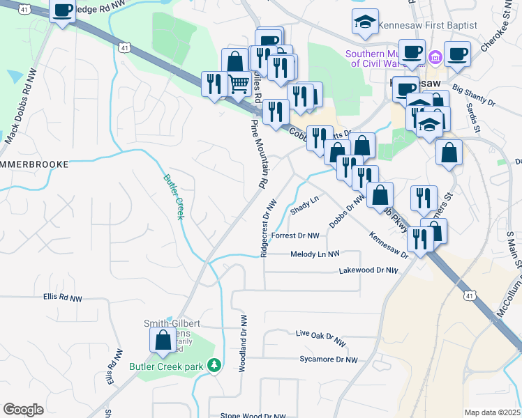 map of restaurants, bars, coffee shops, grocery stores, and more near 2531 Ridgecrest Drive Northwest in Kennesaw