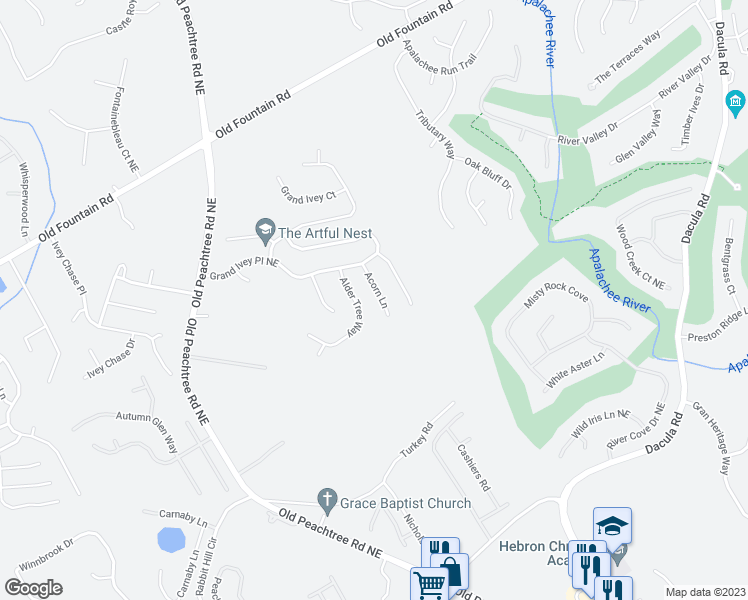 map of restaurants, bars, coffee shops, grocery stores, and more near 1974 Acorn Lane in Dacula