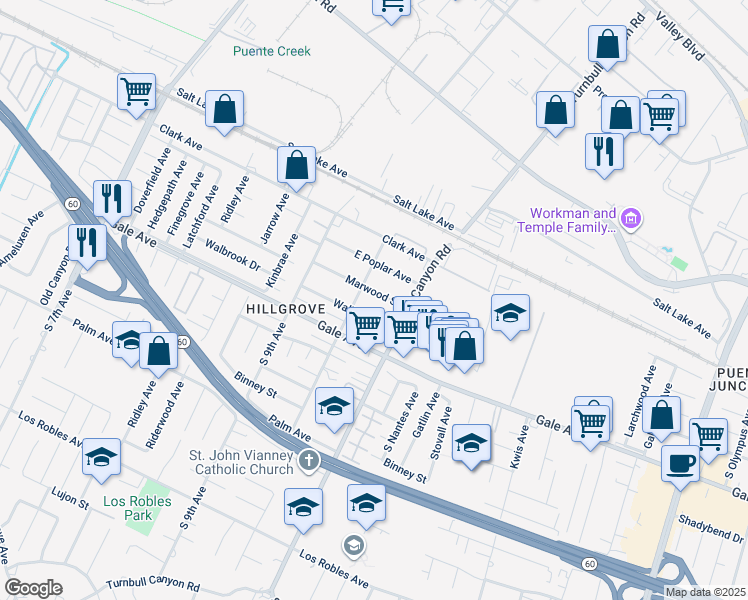 map of restaurants, bars, coffee shops, grocery stores, and more near 15116 Marwood Street in Hacienda Heights