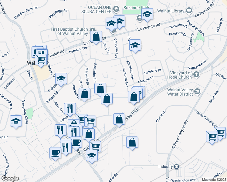 map of restaurants, bars, coffee shops, grocery stores, and more near 20665 Fuero Drive in Walnut