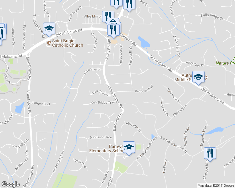map of restaurants, bars, coffee shops, grocery stores, and more near 3725 Redcoat Way in Alpharetta