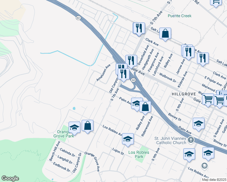 map of restaurants, bars, coffee shops, grocery stores, and more near 1250 Old Canyon Drive in Hacienda Heights