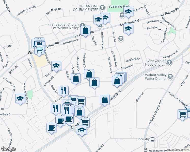 map of restaurants, bars, coffee shops, grocery stores, and more near 20625 Fuero Drive in Walnut