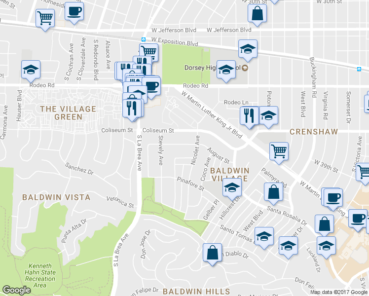 map of restaurants, bars, coffee shops, grocery stores, and more near 4800 August Street in Los Angeles