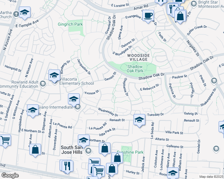 map of restaurants, bars, coffee shops, grocery stores, and more near 1942 Yvonne Street in West Covina