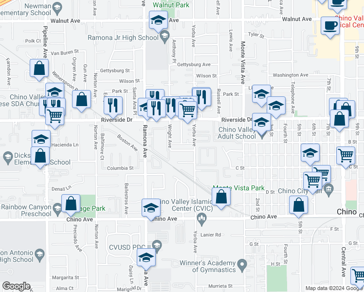 map of restaurants, bars, coffee shops, grocery stores, and more near 4650 Oceanside Drive in Chino