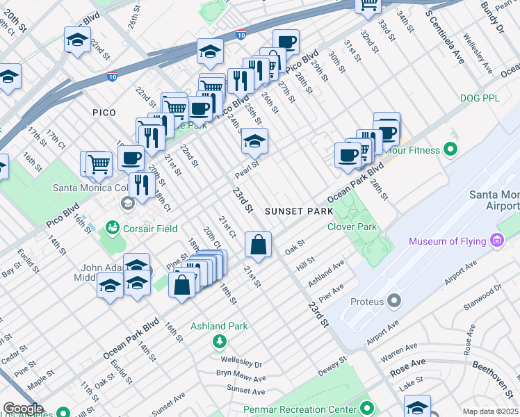 map of restaurants, bars, coffee shops, grocery stores, and more near 2449 23rd Court in Santa Monica