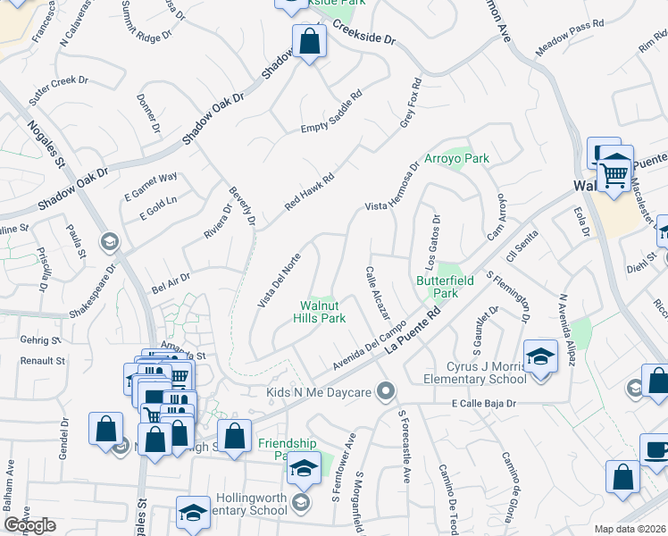 map of restaurants, bars, coffee shops, grocery stores, and more near 19554 Vista Hermosa Drive in Walnut