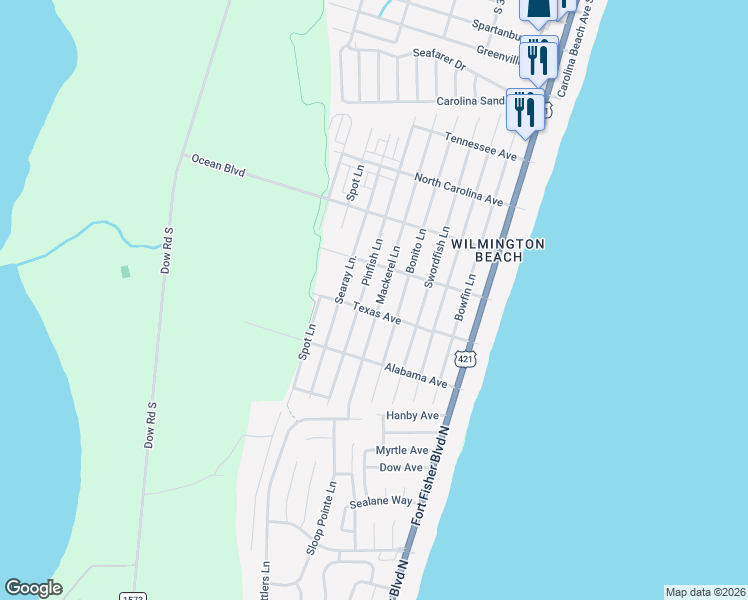 map of restaurants, bars, coffee shops, grocery stores, and more near 1518 Mackerel Ln in Carolina Beach