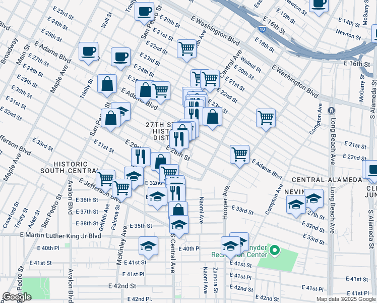 map of restaurants, bars, coffee shops, grocery stores, and more near 2718 South Central Avenue in Los Angeles