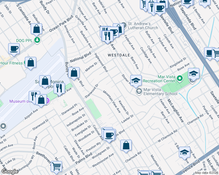 map of restaurants, bars, coffee shops, grocery stores, and more near 12025 Rose Avenue in Los Angeles