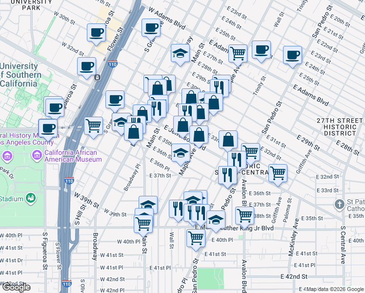 map of restaurants, bars, coffee shops, grocery stores, and more near 171 East 35th Street in Los Angeles