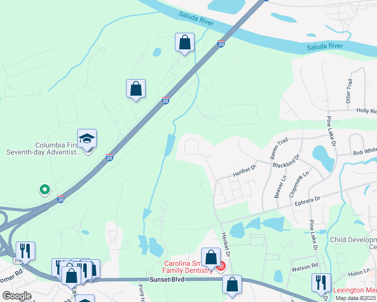 map of restaurants, bars, coffee shops, grocery stores, and more near 101 Sunbury Loop in West Columbia