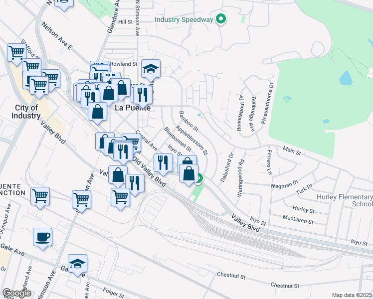map of restaurants, bars, coffee shops, grocery stores, and more near 16252 Bluebonnet Street in La Puente