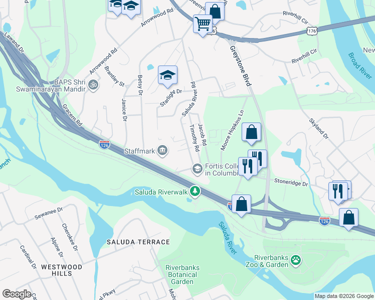 map of restaurants, bars, coffee shops, grocery stores, and more near 339 Saluda River Road in Columbia
