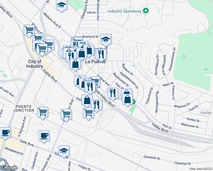 map of restaurants, bars, coffee shops, grocery stores, and more near 16146 Central Avenue in La Puente