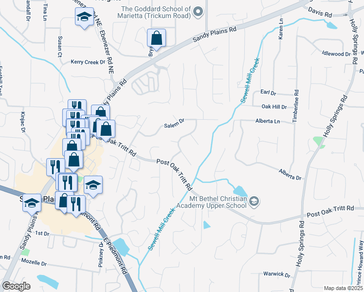 map of restaurants, bars, coffee shops, grocery stores, and more near 2770 Post Oak Drive in Marietta