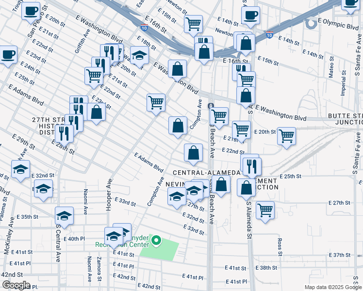 map of restaurants, bars, coffee shops, grocery stores, and more near 1620 East 22nd Street in Los Angeles