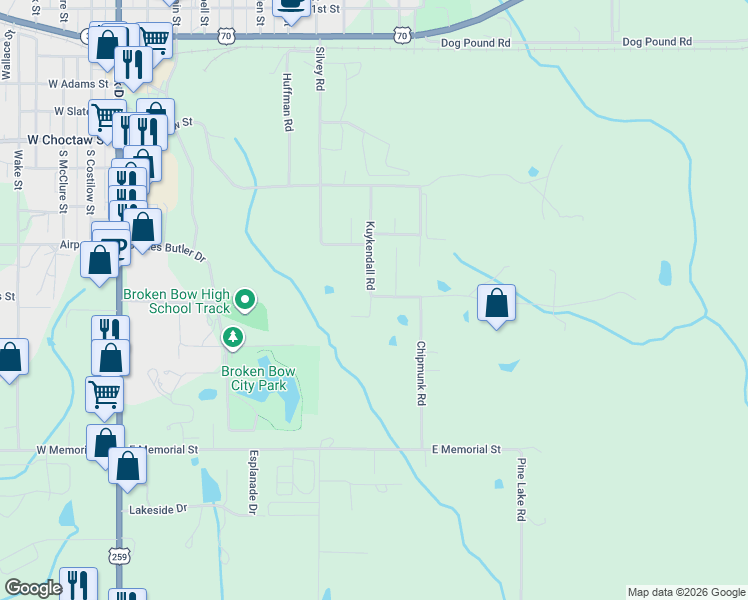 map of restaurants, bars, coffee shops, grocery stores, and more near 30 Hickory Drive in Broken Bow