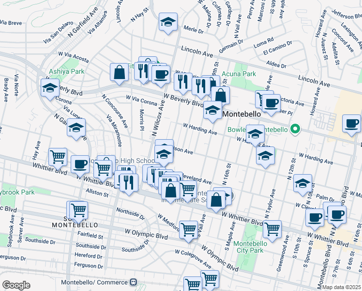 map of restaurants, bars, coffee shops, grocery stores, and more near 2000 West Madison Avenue in Montebello