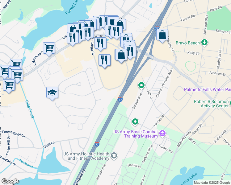 map of restaurants, bars, coffee shops, grocery stores, and more near 5430 Forest Drive in Columbia