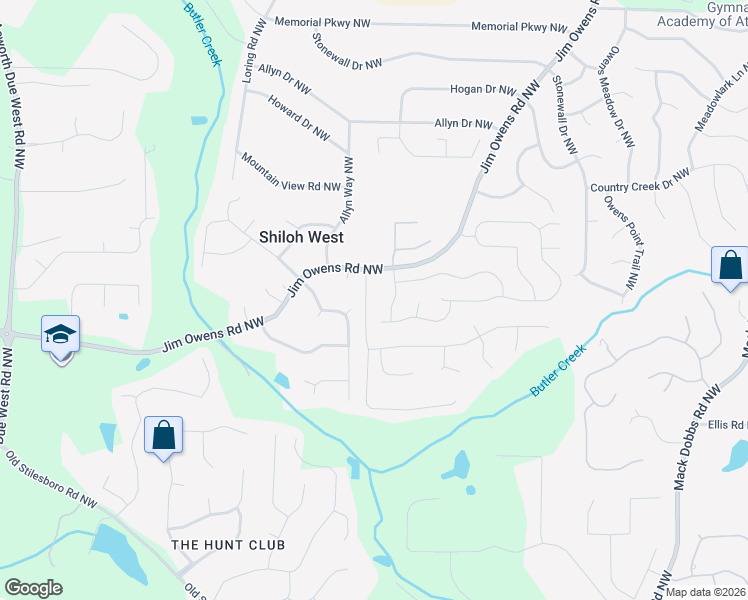 map of restaurants, bars, coffee shops, grocery stores, and more near 2505 Jim Owens Lane Northwest in Kennesaw