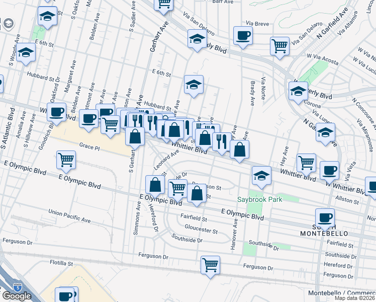 map of restaurants, bars, coffee shops, grocery stores, and more near 5954 Whittier Boulevard in East Los Angeles
