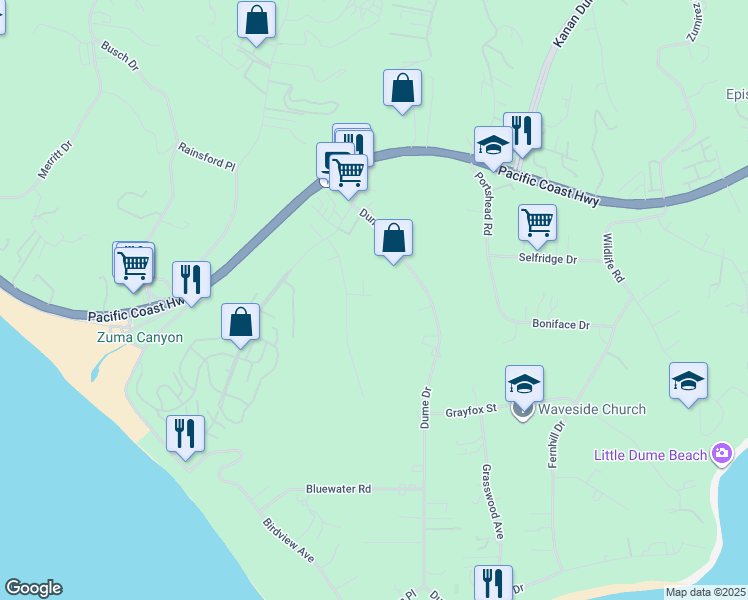 map of restaurants, bars, coffee shops, grocery stores, and more near 29200 Larkspur Lane in Malibu