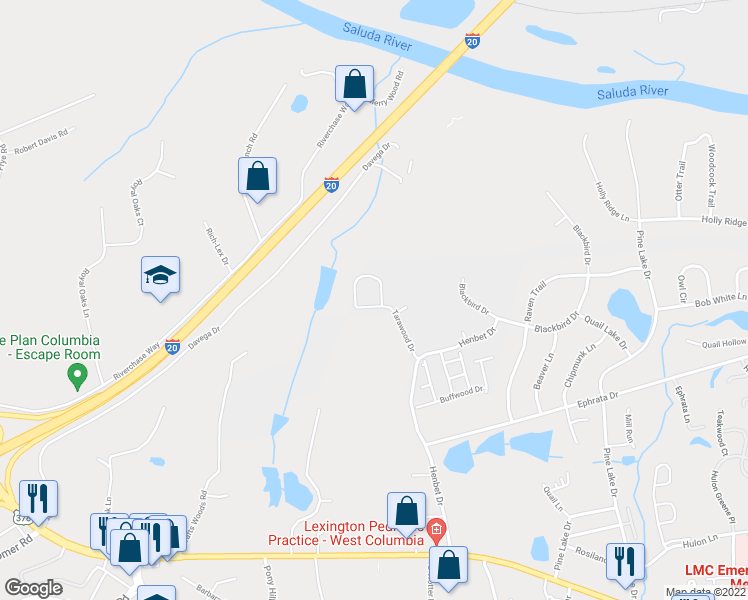 map of restaurants, bars, coffee shops, grocery stores, and more near 101 Sunbury Loop in West Columbia
