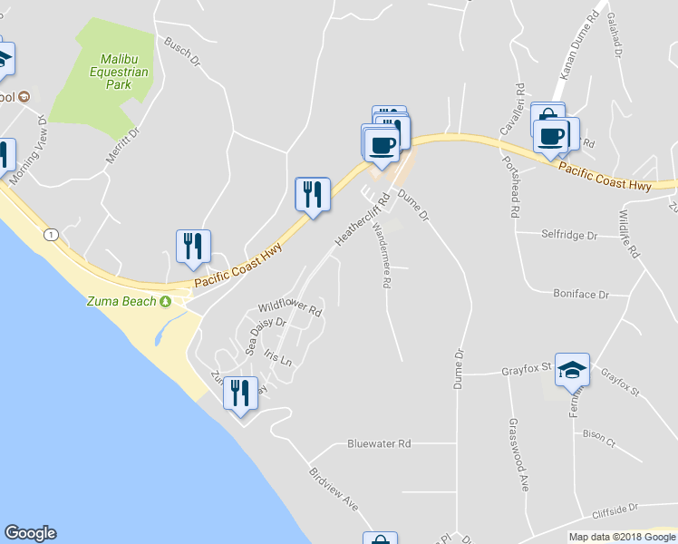 map of restaurants, bars, coffee shops, grocery stores, and more near Callinnria Way in Malibu