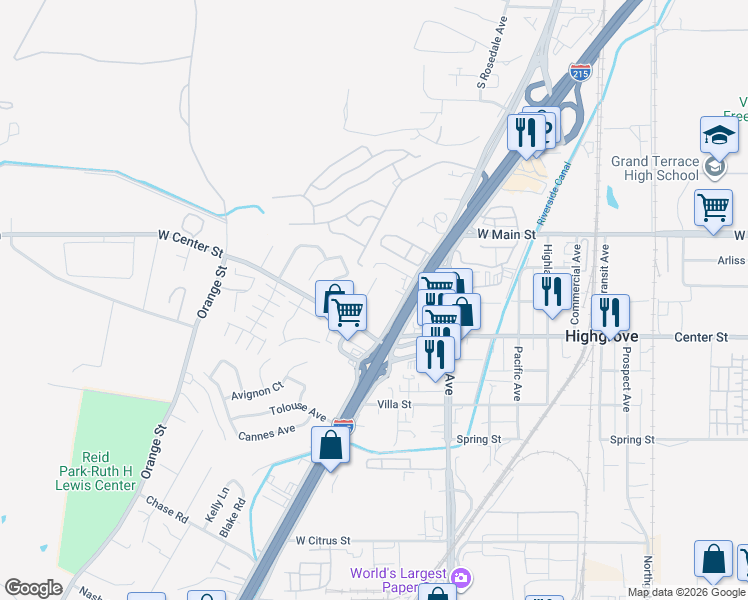 map of restaurants, bars, coffee shops, grocery stores, and more near 265 Stephens Avenue in Riverside