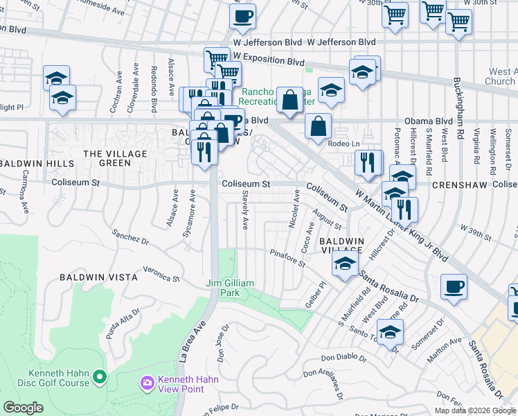 map of restaurants, bars, coffee shops, grocery stores, and more near 4906 August Street in Los Angeles