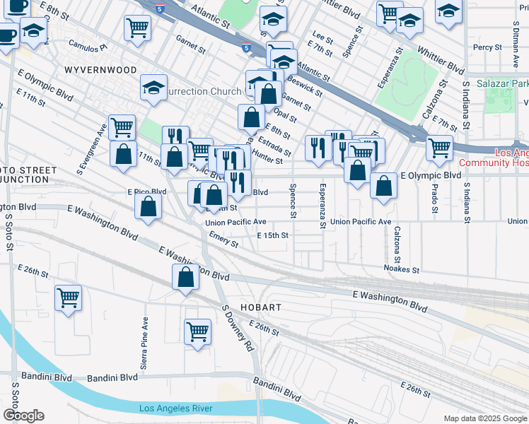 map of restaurants, bars, coffee shops, grocery stores, and more near 3450 East 14th Street in Los Angeles