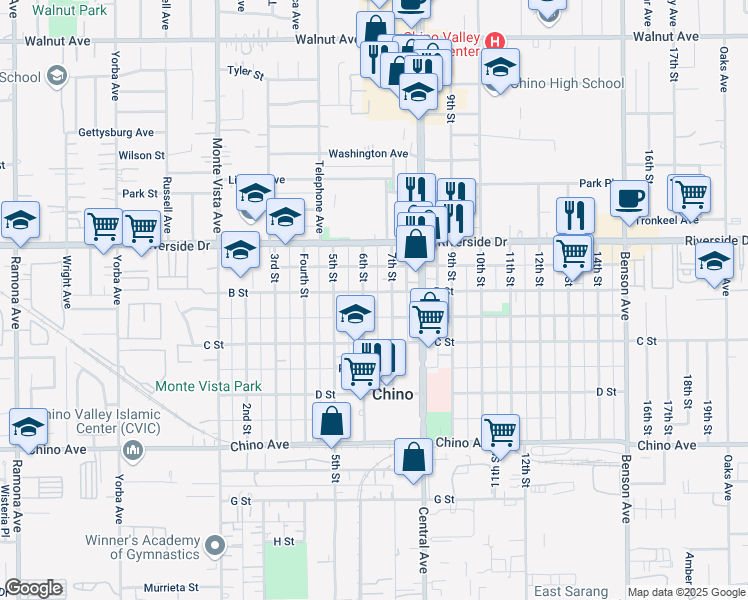 map of restaurants, bars, coffee shops, grocery stores, and more near 13007 6th Street in Chino