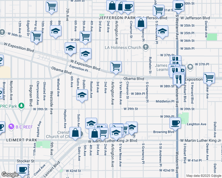 map of restaurants, bars, coffee shops, grocery stores, and more near 3831 Arlington Avenue in Los Angeles