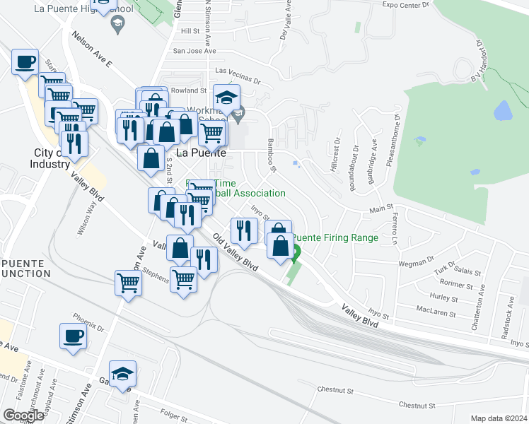 map of restaurants, bars, coffee shops, grocery stores, and more near 16233 Inyo Street in La Puente