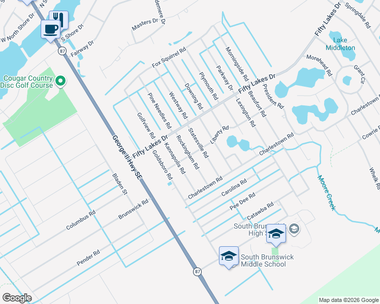 map of restaurants, bars, coffee shops, grocery stores, and more near Rockingham Road in Southport