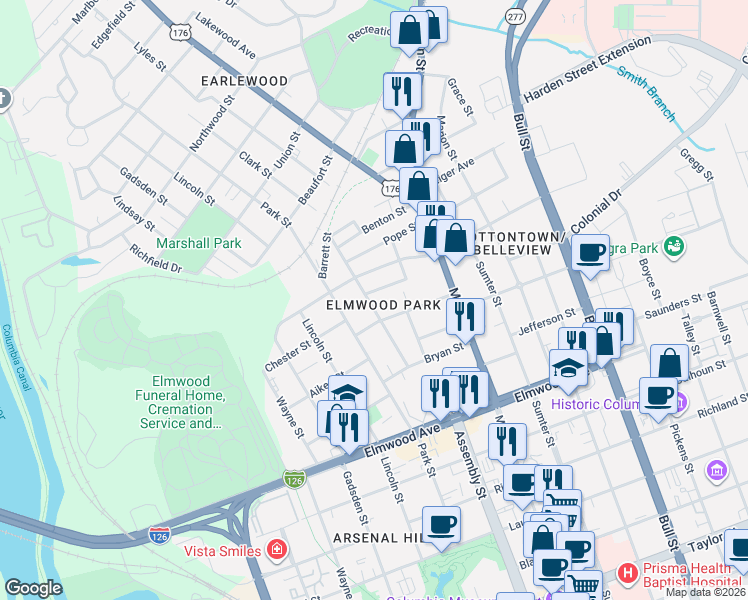 map of restaurants, bars, coffee shops, grocery stores, and more near 1031 Price Avenue in Columbia