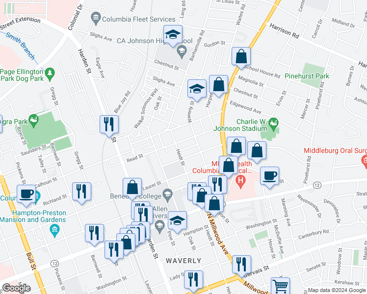 map of restaurants, bars, coffee shops, grocery stores, and more near 2405 Gordon-Bowman in Columbia